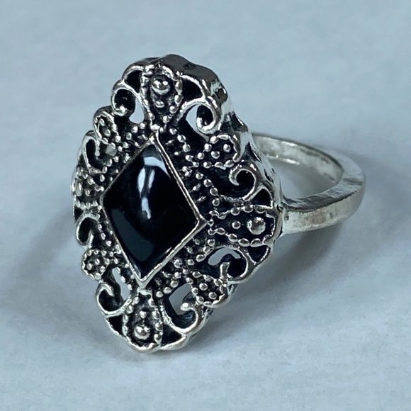 Silver Tone Filagree Ring Black Inlay Small Pinky Finger Approximate Size 6 - Picture 2 of 15